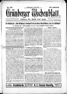 Gr&uuml;nberger Wochenblatt: Zeitung f&uuml;r Stadt und Land, No. 167. (24. August 1924)