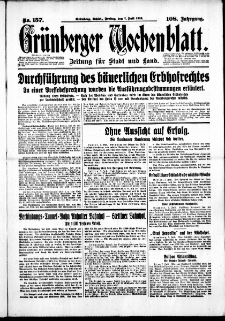 Gr&uuml;nberger Wochenblatt: Zeitung f&uuml;r Stadt und Land, No. 157. (7. Juli 1933)