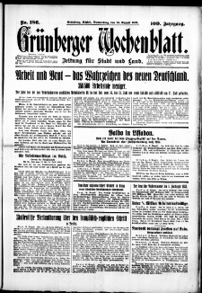 Grünberger Wochenblatt: Zeitung für Stadt und Land, No. 186. (10. August 1933)