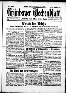 Gr&uuml;nberger Wochenblatt: Zeitung f&uuml;r Stadt und Land, No. 187. (11. August 1933)