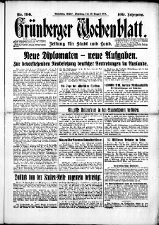 Gr&uuml;nberger Wochenblatt: Zeitung f&uuml;r Stadt und Land, No. 196. (22. August 1933)