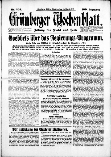 Gr&uuml;nberger Wochenblatt: Zeitung f&uuml;r Stadt und Land, No. 202. (29. August 1933)
