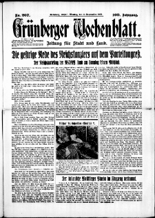 Gr&uuml;nberger Wochenblatt: Zeitung f&uuml;r Stadt und Land, No. 207. (4. September 1933)