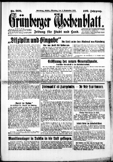 Gr&uuml;nberger Wochenblatt: Zeitung f&uuml;r Stadt und Land, No. 208. (5. September 1933)