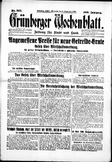 Gr&uuml;nberger Wochenblatt: Zeitung f&uuml;r Stadt und Land, No. 215. (13. September 1933)