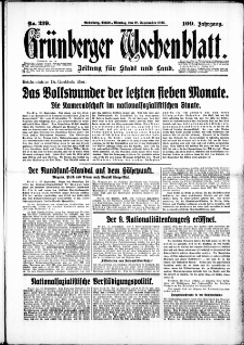 Gr&uuml;nberger Wochenblatt: Zeitung f&uuml;r Stadt und Land, No. 219. (18. September 1933)