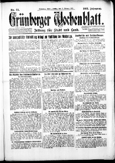 Gr&uuml;nberger Wochenblatt: Zeitung f&uuml;r Stadt und Land, No. 41. (17. Februar 1928)