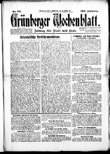 Grünberger Wochenblatt: Zeitung für Stadt und Land, No. 85. (11. April 1928)