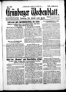 Grünberger Wochenblatt: Zeitung für Stadt und Land, No. 87. (13. April 1928)