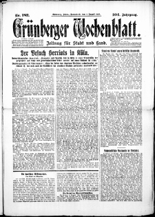 Gr&uuml;nberger Wochenblatt: Zeitung f&uuml;r Stadt und Land, No. 182. (4. August 1928)