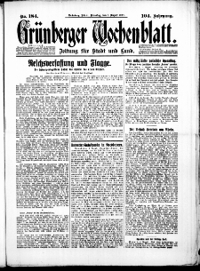 Gr&uuml;nberger Wochenblatt: Zeitung f&uuml;r Stadt und Land, No. 184. (7. August 1928)