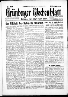 Gr&uuml;nberger Wochenblatt: Zeitung f&uuml;r Stadt und Land, No. 264. (8. November 1928)