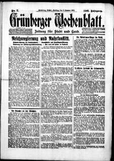 Gr&uuml;nberger Wochenblatt: Zeitung f&uuml;r Stadt und Land, No. 7. (9. Januar 1931)