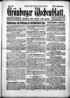 Gr&uuml;nberger Wochenblatt: Zeitung f&uuml;r Stadt und Land, No. 13. (16. Januar 1931)