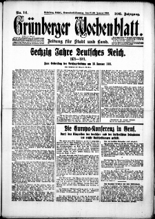 Gr&uuml;nberger Wochenblatt: Zeitung f&uuml;r Stadt und Land, No. 14. (17./18. Januar 1931)