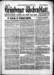 Gr&uuml;nberger Wochenblatt: Zeitung f&uuml;r Stadt und Land, No. 33. (9. Februar 1931)