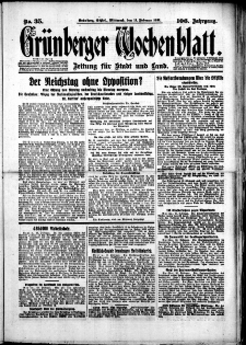 Gr&uuml;nberger Wochenblatt: Zeitung f&uuml;r Stadt und Land, No. 35. (11. Februar 1931)