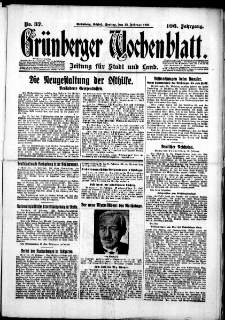 Gr&uuml;nberger Wochenblatt: Zeitung f&uuml;r Stadt und Land, No. 37. (13. Februar 1931)
