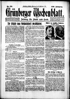 Gr&uuml;nberger Wochenblatt: Zeitung f&uuml;r Stadt und Land, No. 39. (16. Februar 1931)