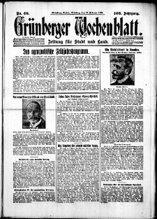 Gr&uuml;nberger Wochenblatt: Zeitung f&uuml;r Stadt und Land, No. 40. (17. Februar 1931)