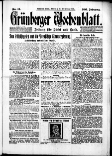 Gr&uuml;nberger Wochenblatt: Zeitung f&uuml;r Stadt und Land, No. 41. (18. Februar 1931)