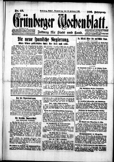 Gr&uuml;nberger Wochenblatt: Zeitung f&uuml;r Stadt und Land, No. 42. (19. Februar 1931)