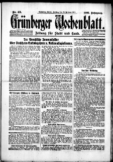 Gr&uuml;nberger Wochenblatt: Zeitung f&uuml;r Stadt und Land, No. 43. (20. Februar 1931)