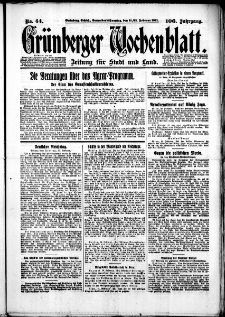 Gr&uuml;nberger Wochenblatt: Zeitung f&uuml;r Stadt und Land, No. 44. (21./22. Februar 1931)