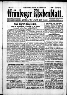 Gr&uuml;nberger Wochenblatt: Zeitung f&uuml;r Stadt und Land, No. 47. (25. Februar 1931)