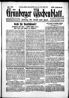 Gr&uuml;nberger Wochenblatt: Zeitung f&uuml;r Stadt und Land, No. 62. (14./15. M&auml;rz 1931)