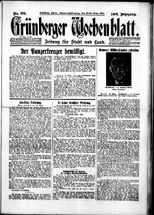 Gr&uuml;nberger Wochenblatt: Zeitung f&uuml;r Stadt und Land, No. 68. (21./22. M&auml;rz 1931)