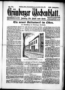 Gr&uuml;nberger Wochenblatt: Zeitung f&uuml;r Stadt und Land, No. 74. (28./29. M&auml;rz 1931)