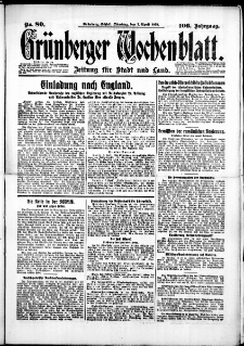 Gr&uuml;nberger Wochenblatt: Zeitung f&uuml;r Stadt und Land, No. 80. (7. April 1931)