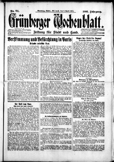 Gr&uuml;nberger Wochenblatt: Zeitung f&uuml;r Stadt und Land, No. 81. (8. April 1931)