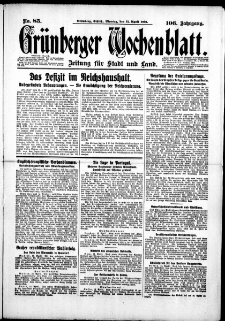 Gr&uuml;nberger Wochenblatt: Zeitung f&uuml;r Stadt und Land, No. 85. (13. April 1931)