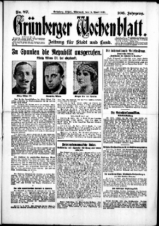 Gr&uuml;nberger Wochenblatt: Zeitung f&uuml;r Stadt und Land, No. 87. (15. April 1931)