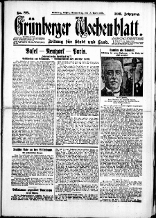 Gr&uuml;nberger Wochenblatt: Zeitung f&uuml;r Stadt und Land, No. 88. (16. April 1931)