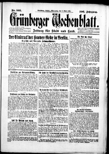 Gr&uuml;nberger Wochenblatt: Zeitung f&uuml;r Stadt und Land, No. 105. (6. Mai 1931)
