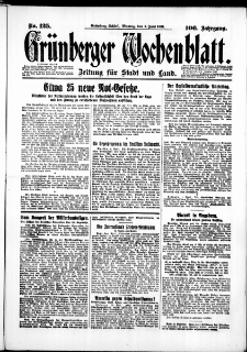 Gr&uuml;nberger Wochenblatt: Zeitung f&uuml;r Stadt und Land, No. 125. (1. Juni 1931)