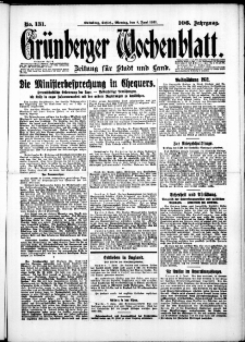 Gr&uuml;nberger Wochenblatt: Zeitung f&uuml;r Stadt und Land, No. 131. (8. Juni 1931)