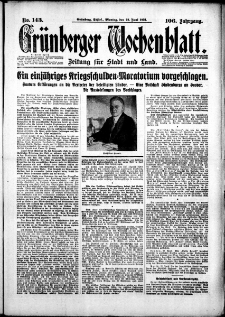 Gr&uuml;nberger Wochenblatt: Zeitung f&uuml;r Stadt und Land, No. 143. (22. Juni 1931)