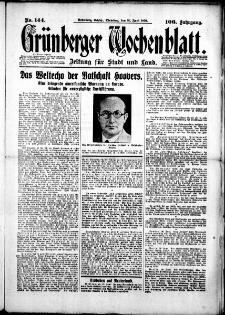Gr&uuml;nberger Wochenblatt: Zeitung f&uuml;r Stadt und Land, No. 144. (23. Juni 1931)