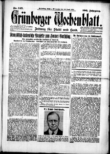 Gr&uuml;nberger Wochenblatt: Zeitung f&uuml;r Stadt und Land, No. 145. (24. Juni 1931)