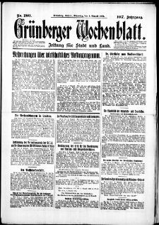 Gr&uuml;nberger Wochenblatt: Zeitung f&uuml;r Stadt und Land, No. 180. (4. August 1931)