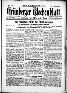 Gr&uuml;nberger Wochenblatt: Zeitung f&uuml;r Stadt und Land, No. 181. (5. August 1931)
