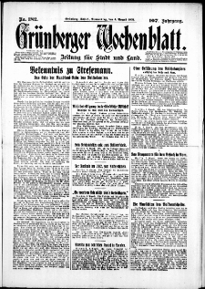 Gr&uuml;nberger Wochenblatt: Zeitung f&uuml;r Stadt und Land, No. 182. (6. August 1931)
