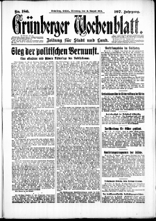 Gr&uuml;nberger Wochenblatt: Zeitung f&uuml;r Stadt und Land, No. 186. (11. Augusti 1931)