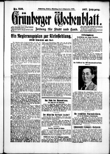 Gr&uuml;nberger Wochenblatt: Zeitung f&uuml;r Stadt und Land, No. 210. (8. September 1931)