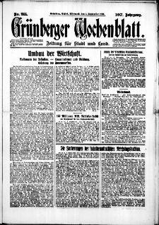 Gr&uuml;nberger Wochenblatt: Zeitung f&uuml;r Stadt und Land, No. 211. (9. September 1931)