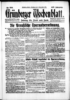Gr&uuml;nberger Wochenblatt: Zeitung f&uuml;r Stadt und Land, No. 216. (15. September 1931)